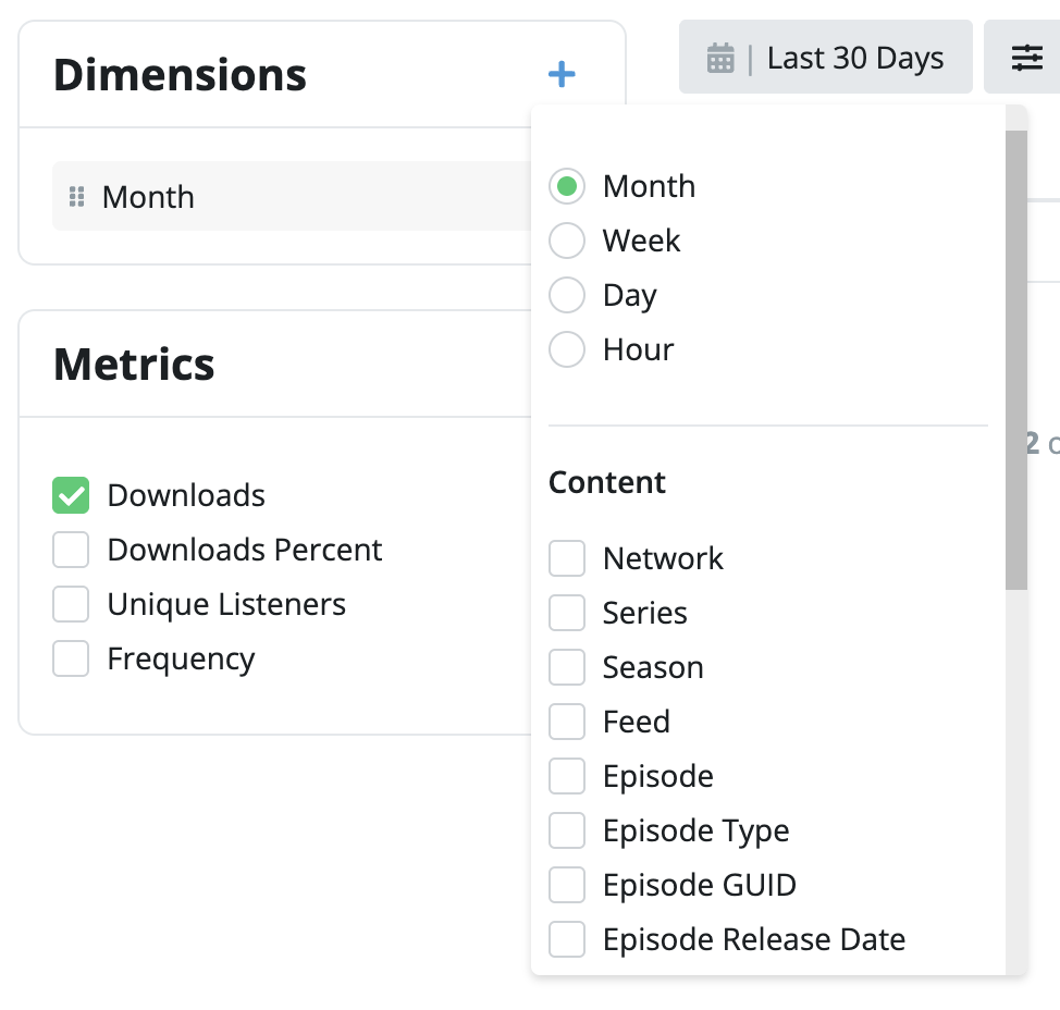 Dimension picker showing time and content options