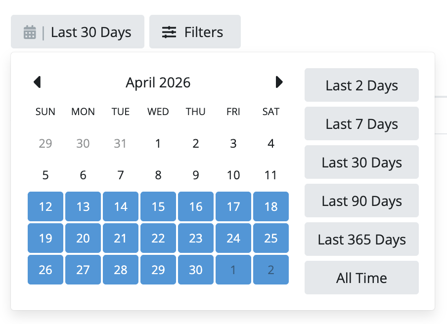 Date range picker with preset options and calendar