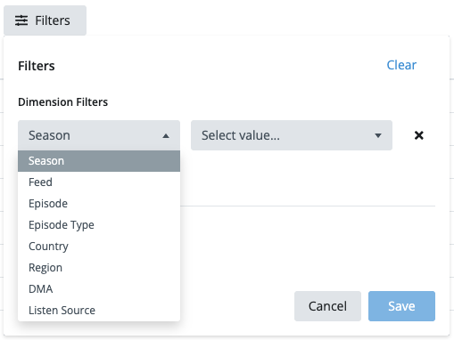 Filters panel showing dimension filter options