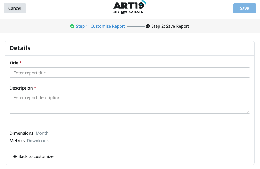 Save Report step showing title and description fields